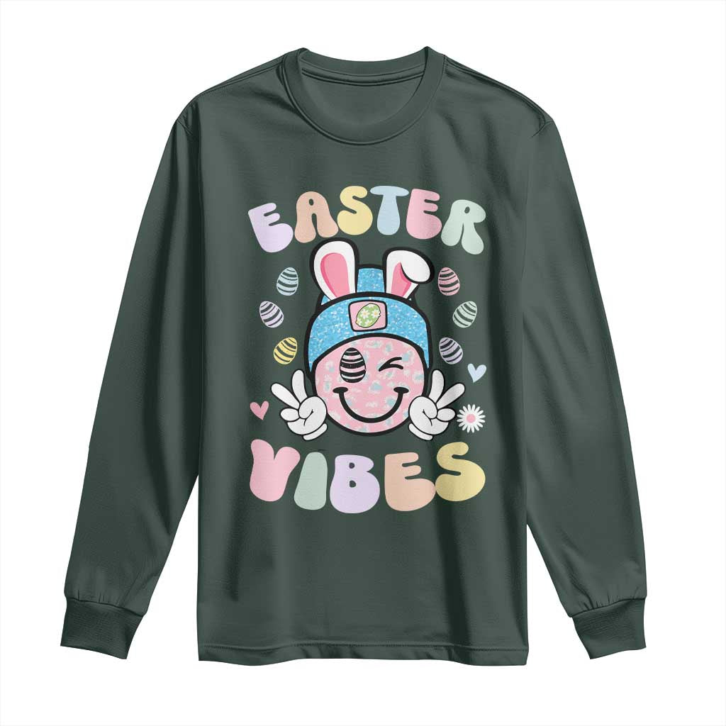 Groovy Easter Vibes Long Sleeve Shirt Retro Bunny Smile Eggs TS10 Dark Forest Green Print Your Wear