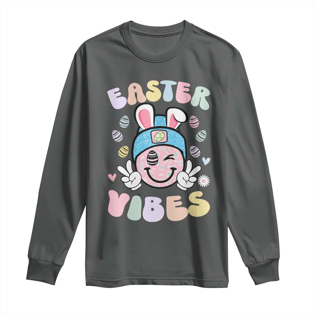 Groovy Easter Vibes Long Sleeve Shirt Retro Bunny Smile Eggs TS10 Dark Heather Print Your Wear