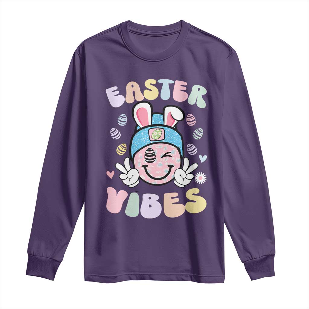 Groovy Easter Vibes Long Sleeve Shirt Retro Bunny Smile Eggs TS10 Purple Print Your Wear