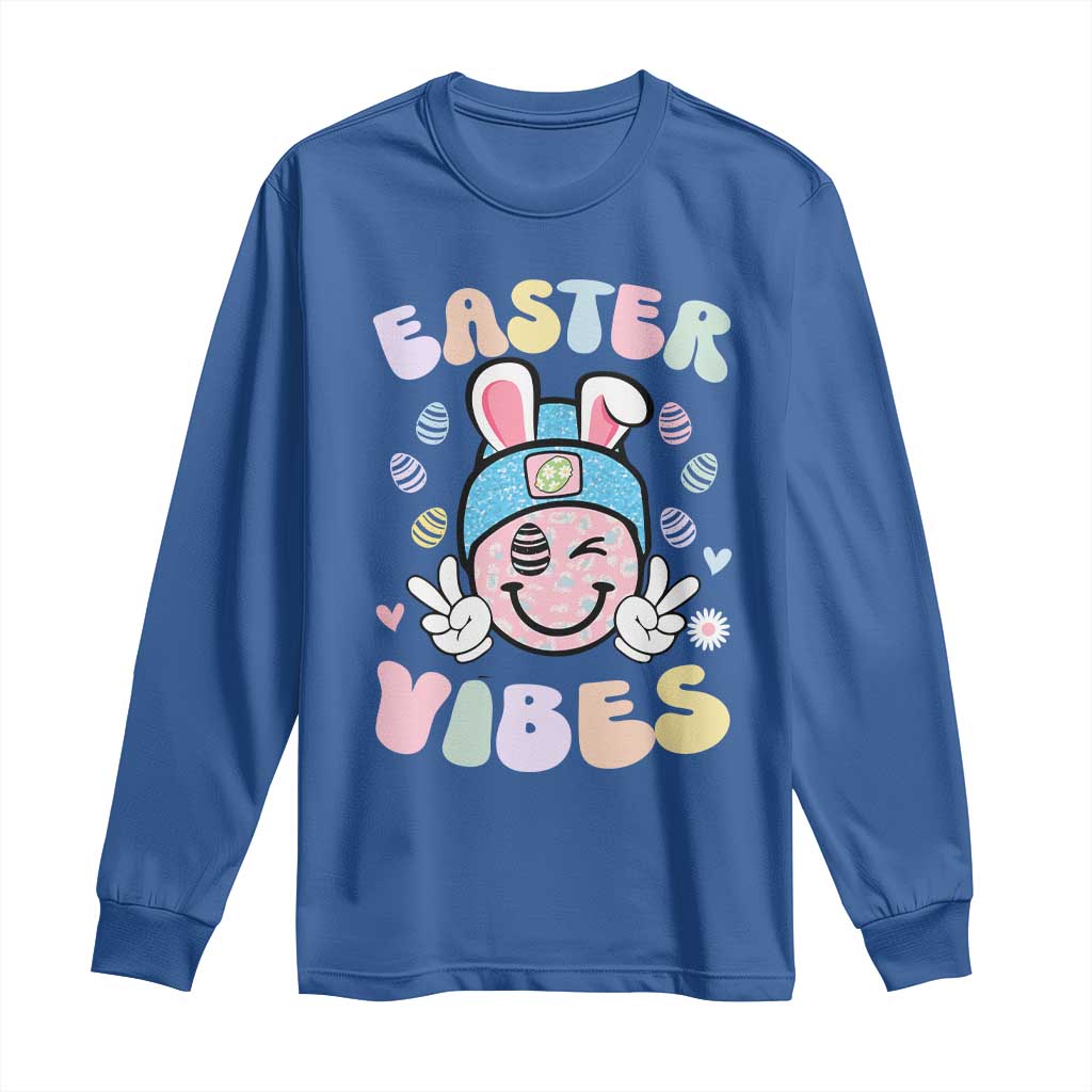 Groovy Easter Vibes Long Sleeve Shirt Retro Bunny Smile Eggs TS10 Royal Blue Print Your Wear