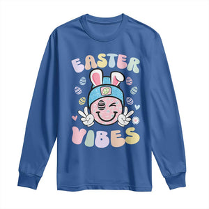 Groovy Easter Vibes Long Sleeve Shirt Retro Bunny Smile Eggs TS10 Royal Blue Print Your Wear