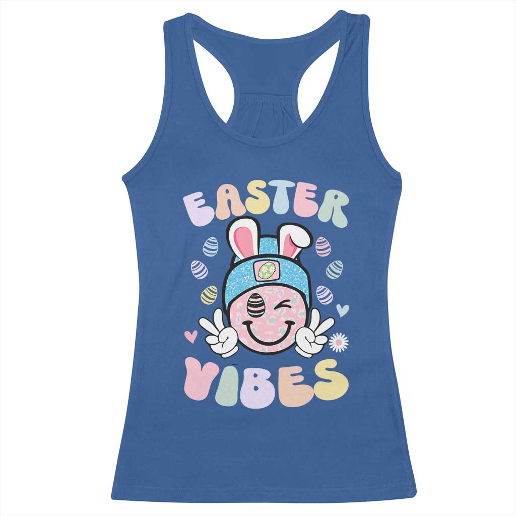 Groovy Easter Vibes Racerback Tank Top Retro Bunny Smile Eggs TS10 Royal Blue Print Your Wear