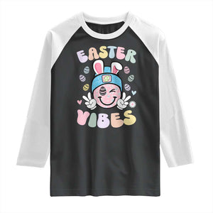 Groovy Easter Vibes Raglan Shirt Retro Bunny Smile Eggs TS10 Black White Print Your Wear