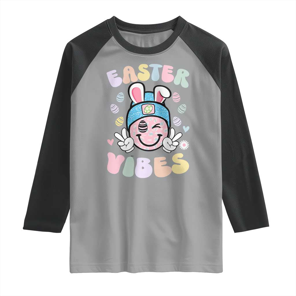 Groovy Easter Vibes Raglan Shirt Retro Bunny Smile Eggs TS10 Sport Gray Black Print Your Wear