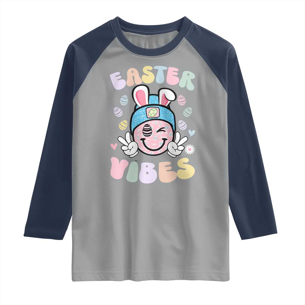 Groovy Easter Vibes Raglan Shirt Retro Bunny Smile Eggs TS10 Sport Gray Navy Print Your Wear