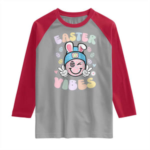 Groovy Easter Vibes Raglan Shirt Retro Bunny Smile Eggs TS10 Sport Gray Red Print Your Wear