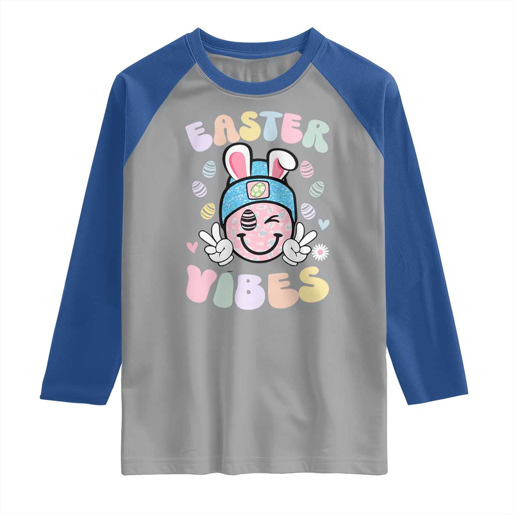 Groovy Easter Vibes Raglan Shirt Retro Bunny Smile Eggs TS10 Sport Gray Royal Print Your Wear
