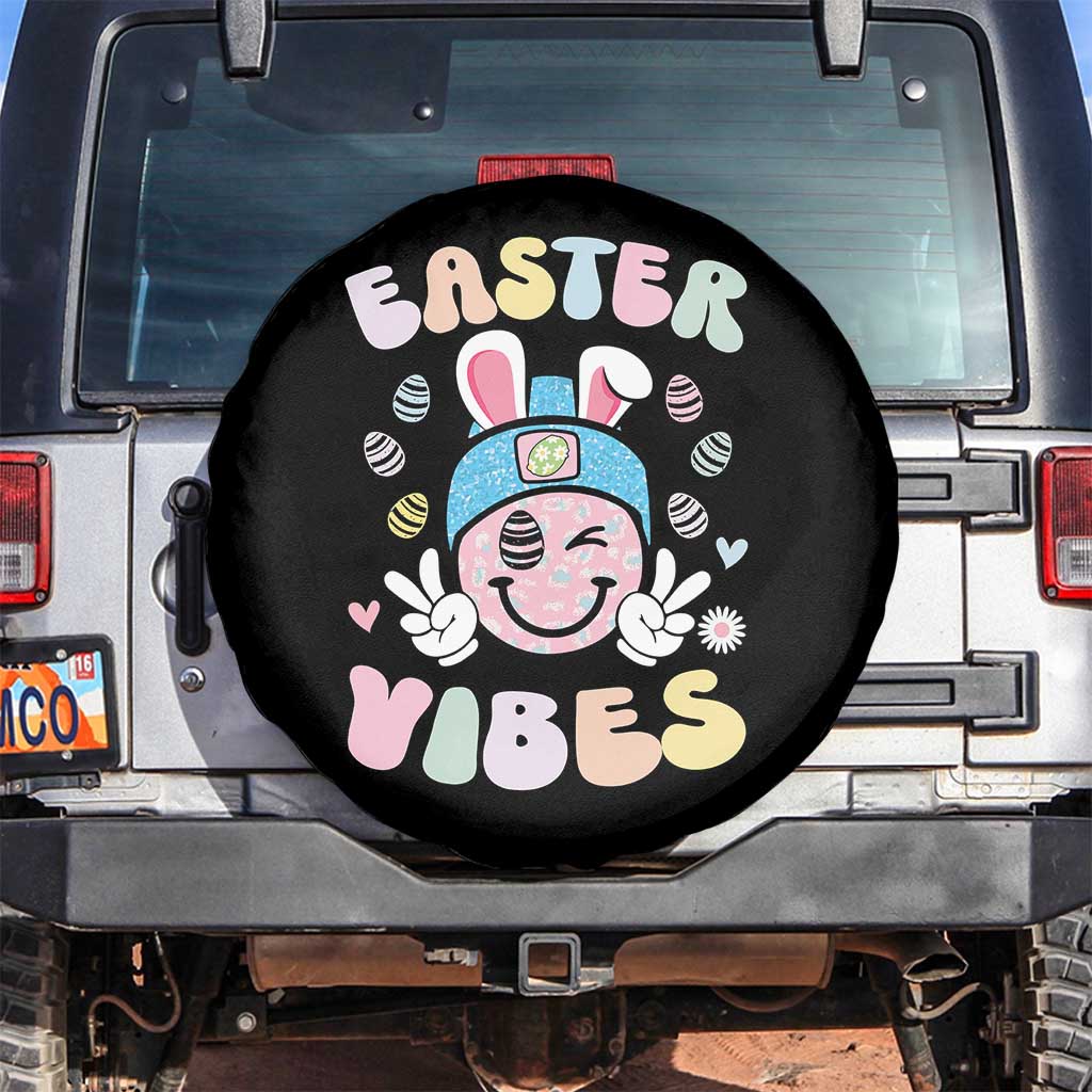 Groovy Easter Vibes Spare Tire Cover Retro Bunny Smile Eggs TS10 No hole Black Print Your Wear