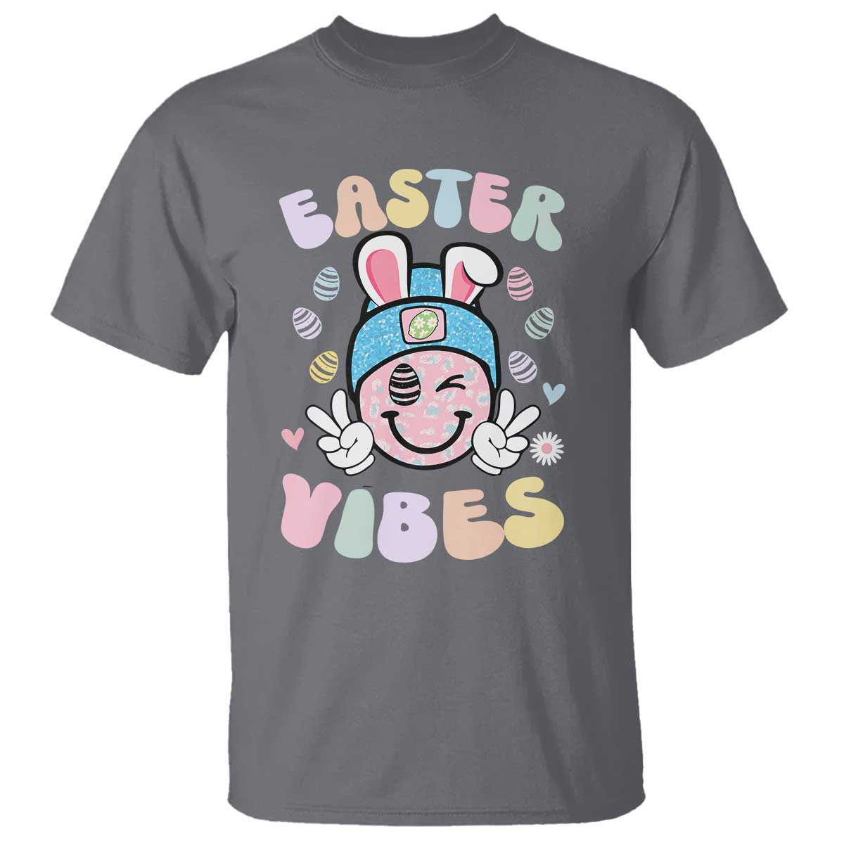 Groovy Easter Vibes T Shirt Retro Bunny Smile Eggs TS10 Charcoal Print Your Wear