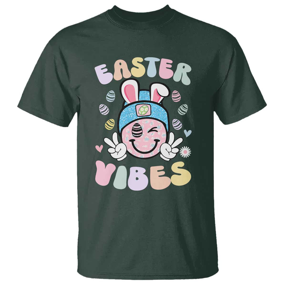Groovy Easter Vibes T Shirt Retro Bunny Smile Eggs TS10 Dark Forest Green Print Your Wear