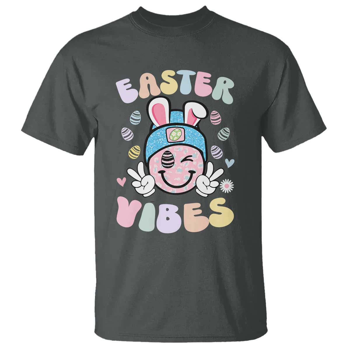 Groovy Easter Vibes T Shirt Retro Bunny Smile Eggs TS10 Dark Heather Print Your Wear