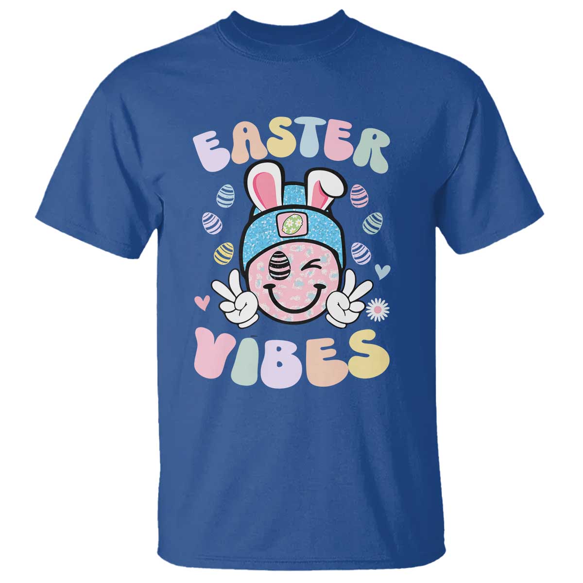 Groovy Easter Vibes T Shirt Retro Bunny Smile Eggs TS10 Royal Blue Print Your Wear