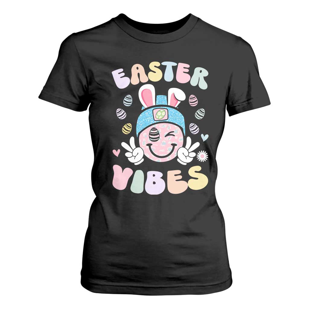 Groovy Easter Vibes T Shirt For Women Retro Bunny Smile Eggs TS10 Black Print Your Wear