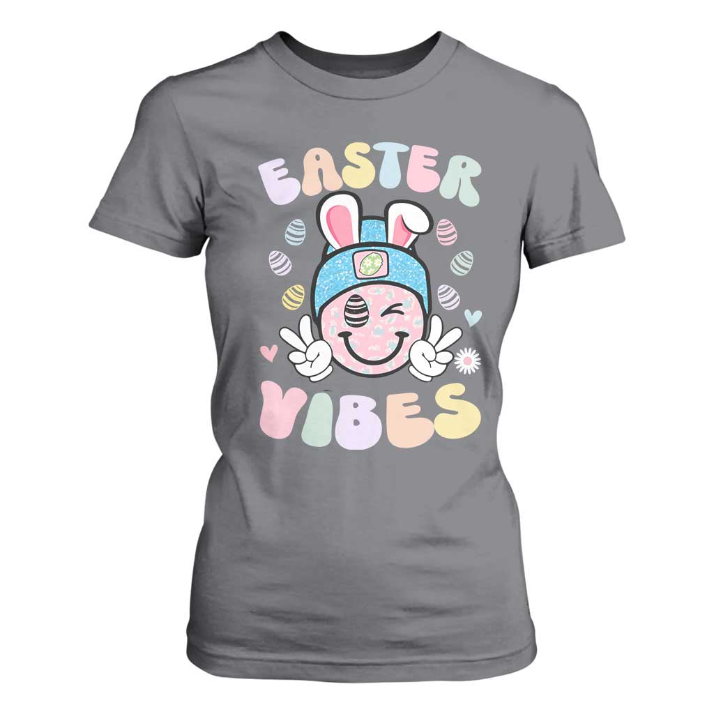 Groovy Easter Vibes T Shirt For Women Retro Bunny Smile Eggs TS10 Charcoal Print Your Wear