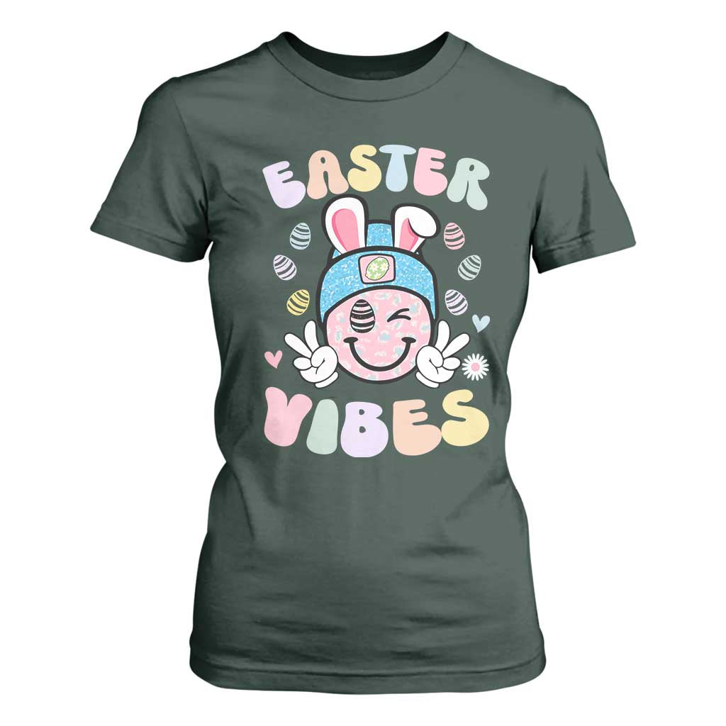 Groovy Easter Vibes T Shirt For Women Retro Bunny Smile Eggs TS10 Dark Forest Green Print Your Wear