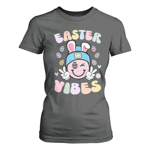 Groovy Easter Vibes T Shirt For Women Retro Bunny Smile Eggs TS10 Dark Heather Print Your Wear