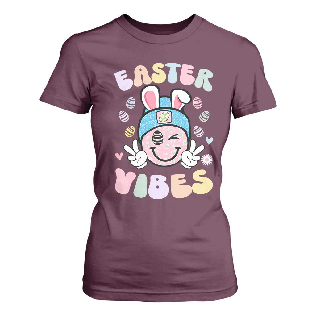 Groovy Easter Vibes T Shirt For Women Retro Bunny Smile Eggs TS10 Maroon Print Your Wear