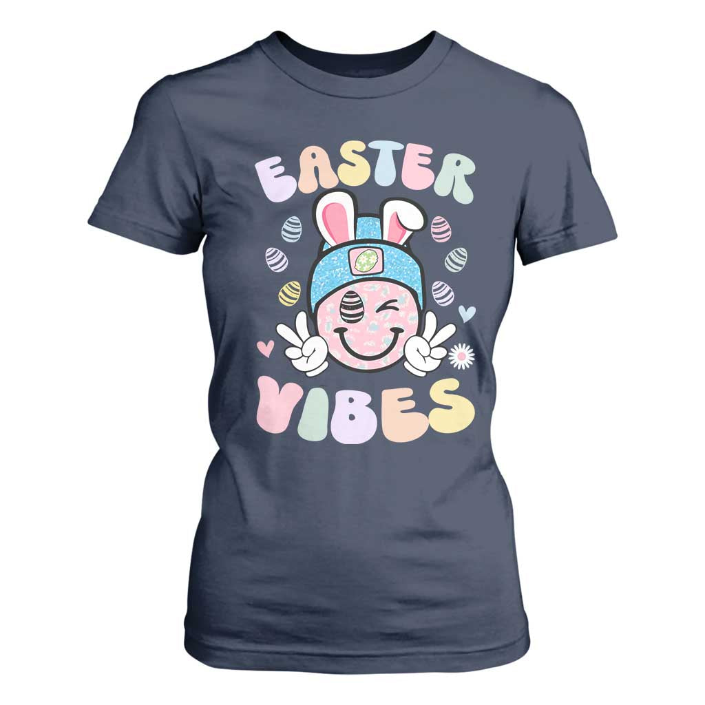 Groovy Easter Vibes T Shirt For Women Retro Bunny Smile Eggs TS10 Navy Print Your Wear