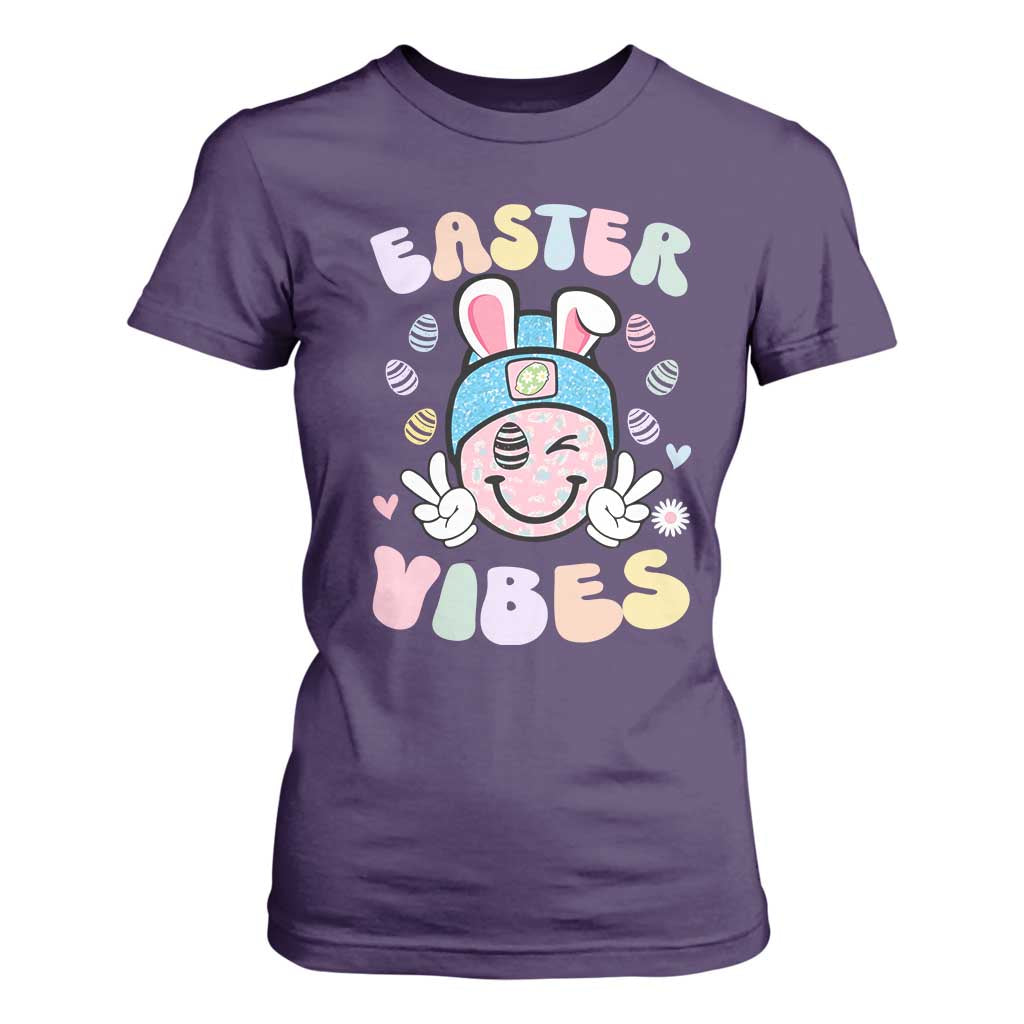 Groovy Easter Vibes T Shirt For Women Retro Bunny Smile Eggs TS10 Purple Print Your Wear