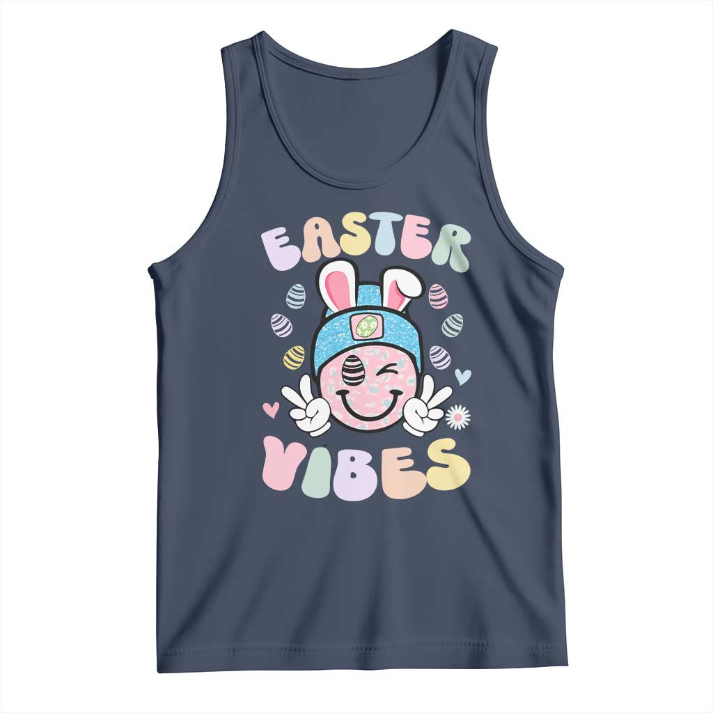 Groovy Easter Vibes Tank Top Retro Bunny Smile Eggs TS10 Navy Print Your Wear