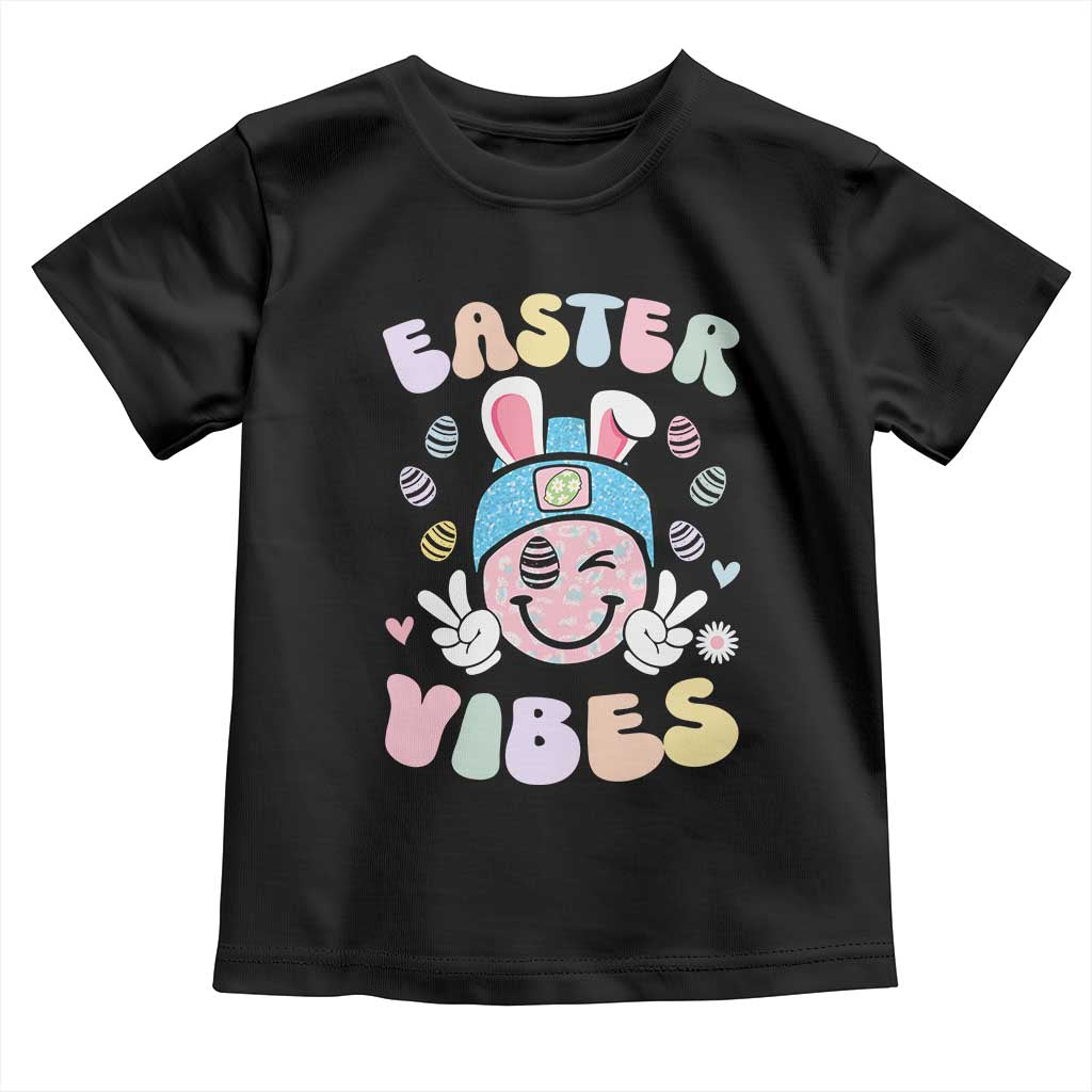 Groovy Easter Vibes Toddler T Shirt Retro Bunny Smile Eggs TS10 Black Print Your Wear