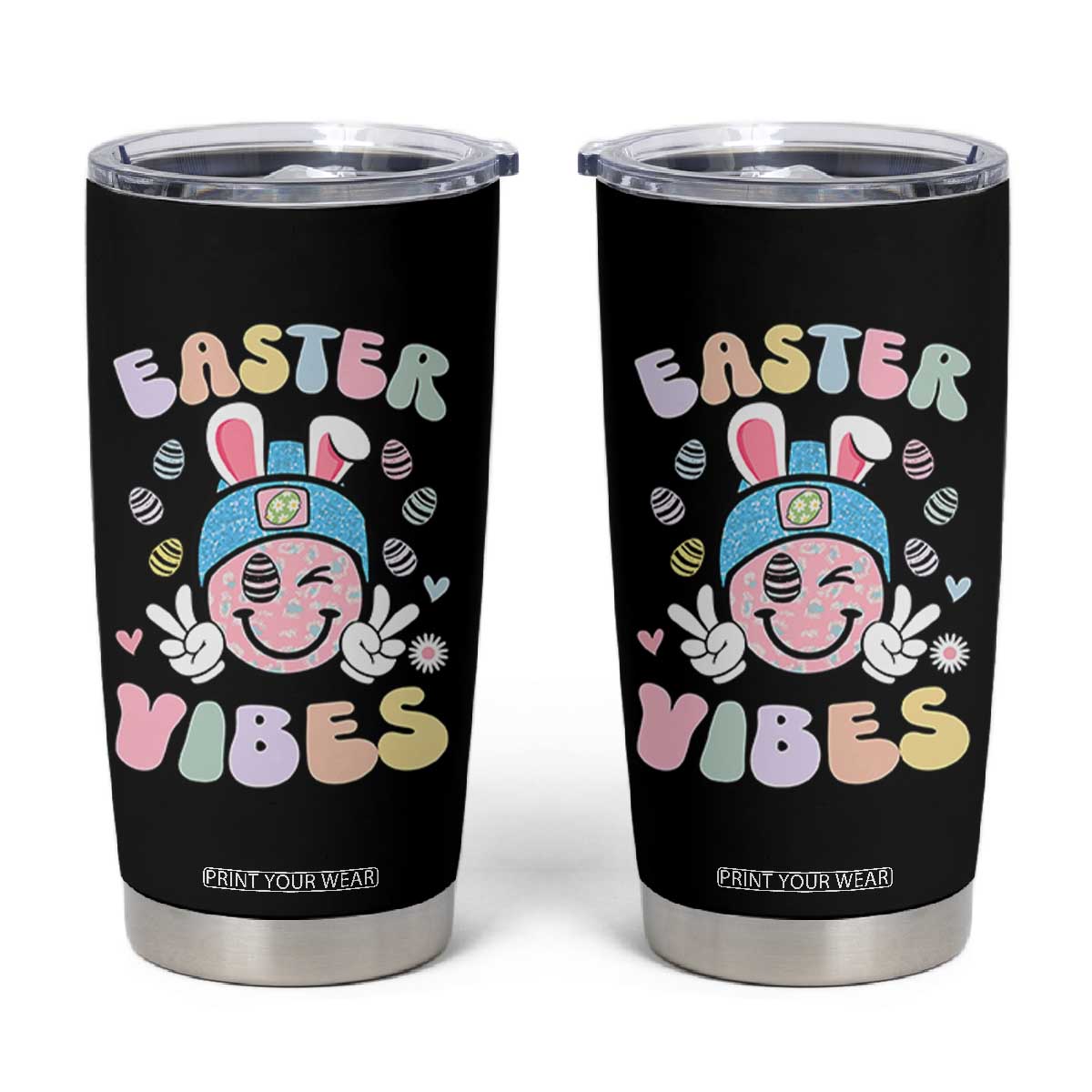 Groovy Easter Vibes Tumbler Cup Retro Bunny Smile Eggs TS10 Black Print Your Wear