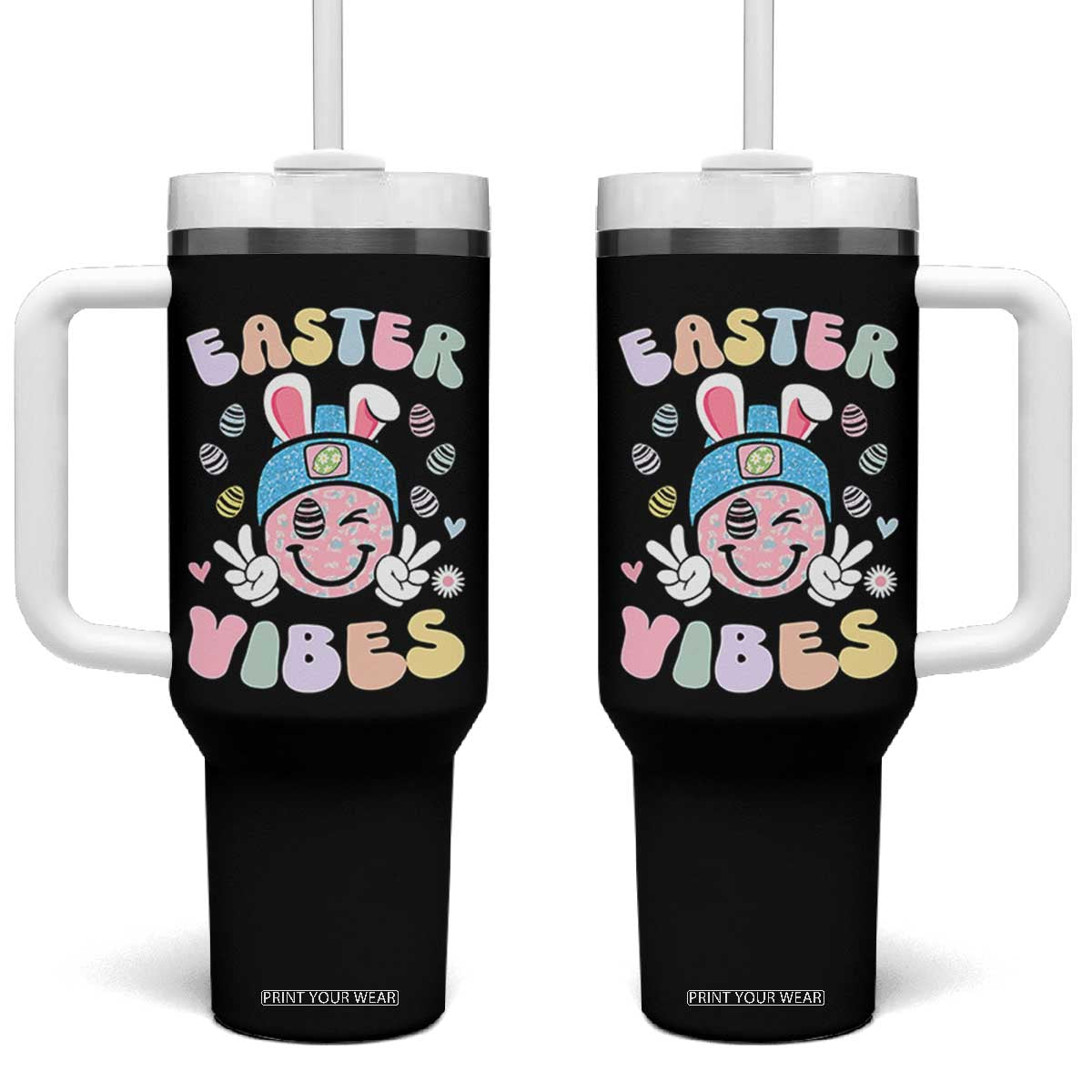 Groovy Easter Vibes Tumbler With Handle Retro Bunny Smile Eggs TS10 One Size: 40 oz Black Print Your Wear