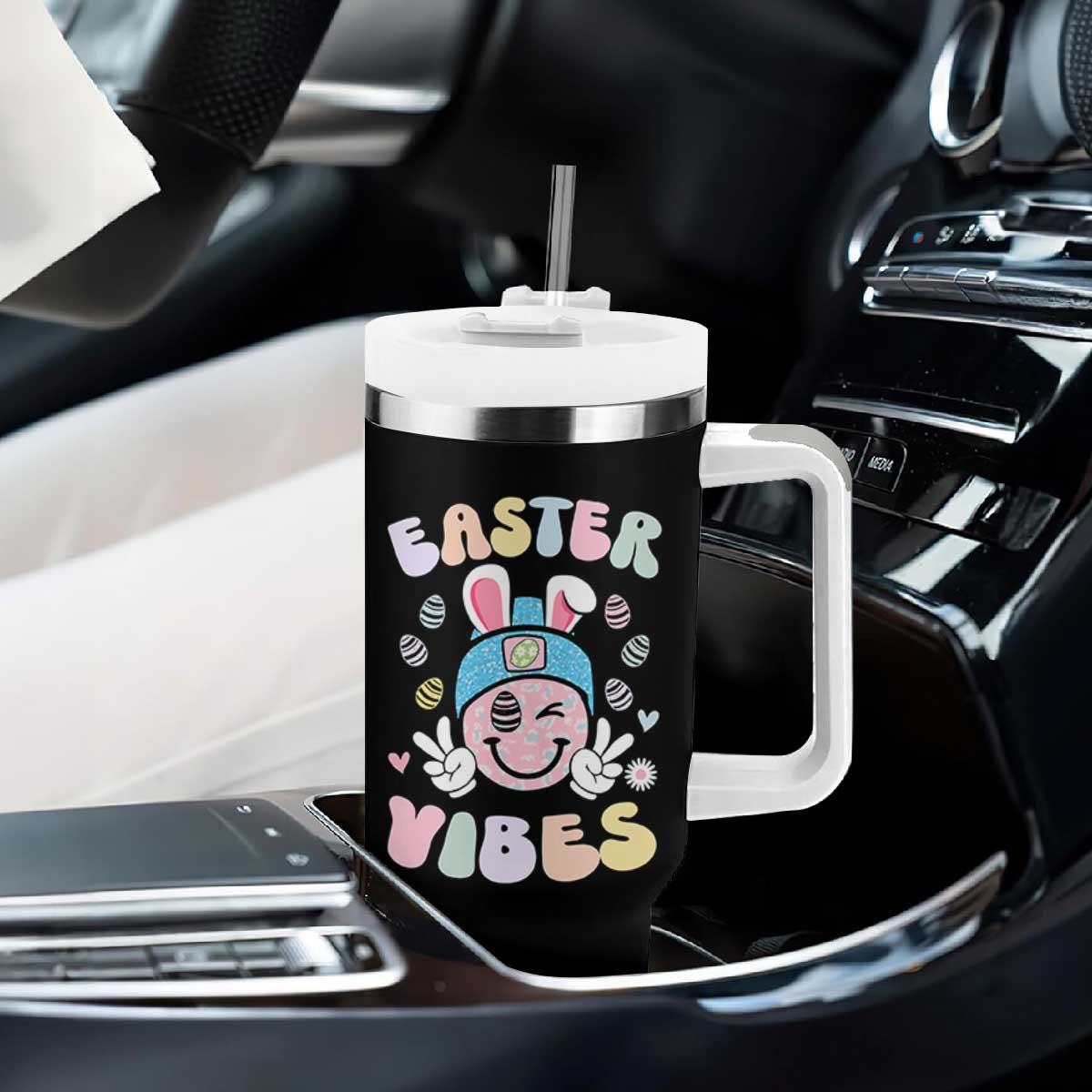 Groovy Easter Vibes Tumbler With Handle Retro Bunny Smile Eggs TS10 Print Your Wear