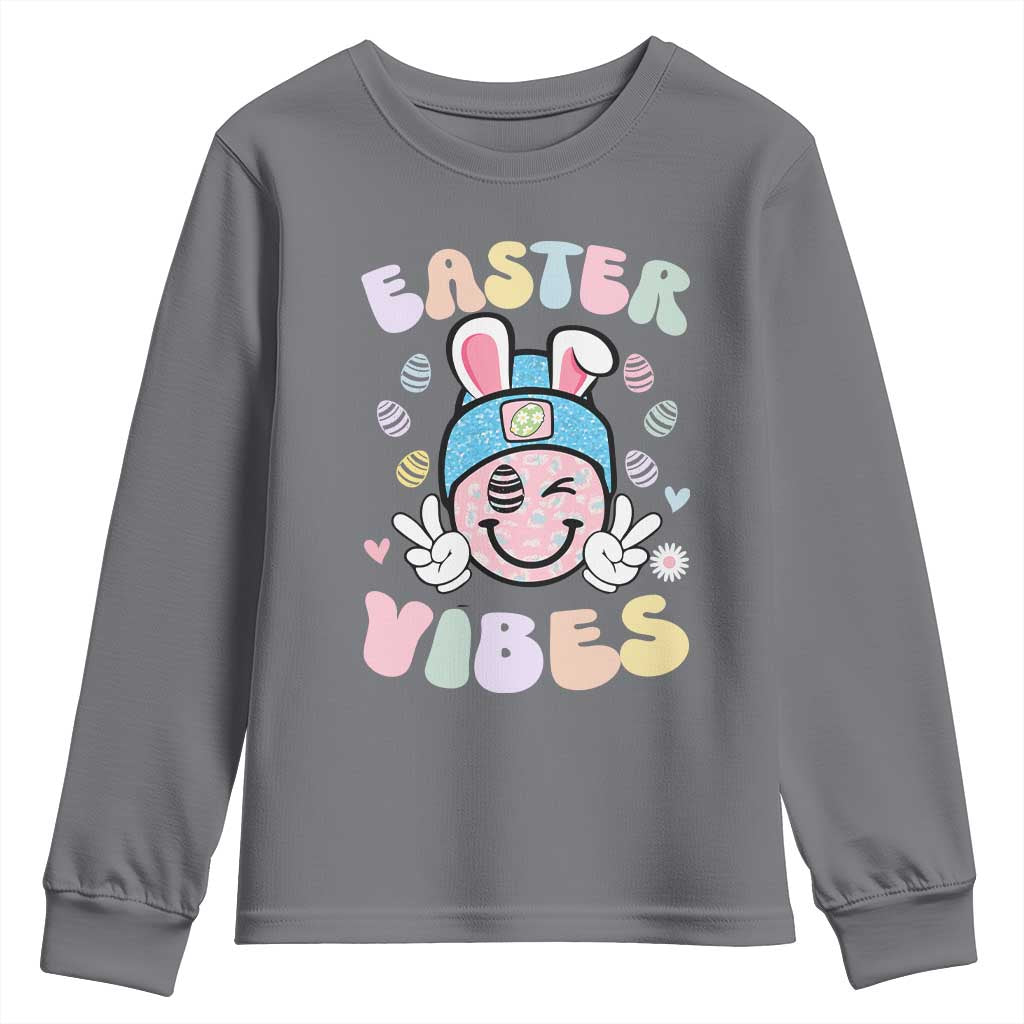 Groovy Easter Vibes Youth Sweatshirt Retro Bunny Smile Eggs TS10 Charcoal Print Your Wear