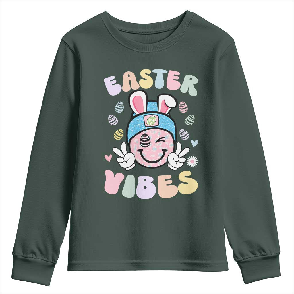 Groovy Easter Vibes Youth Sweatshirt Retro Bunny Smile Eggs TS10 Dark Forest Green Print Your Wear