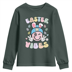 Groovy Easter Vibes Youth Sweatshirt Retro Bunny Smile Eggs TS10 Dark Forest Green Print Your Wear