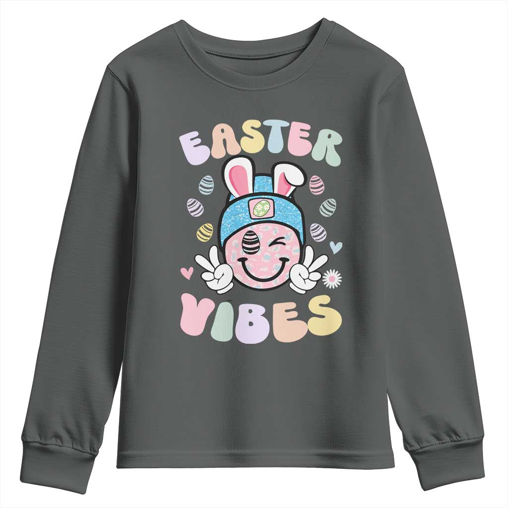 Groovy Easter Vibes Youth Sweatshirt Retro Bunny Smile Eggs TS10 Dark Heather Print Your Wear