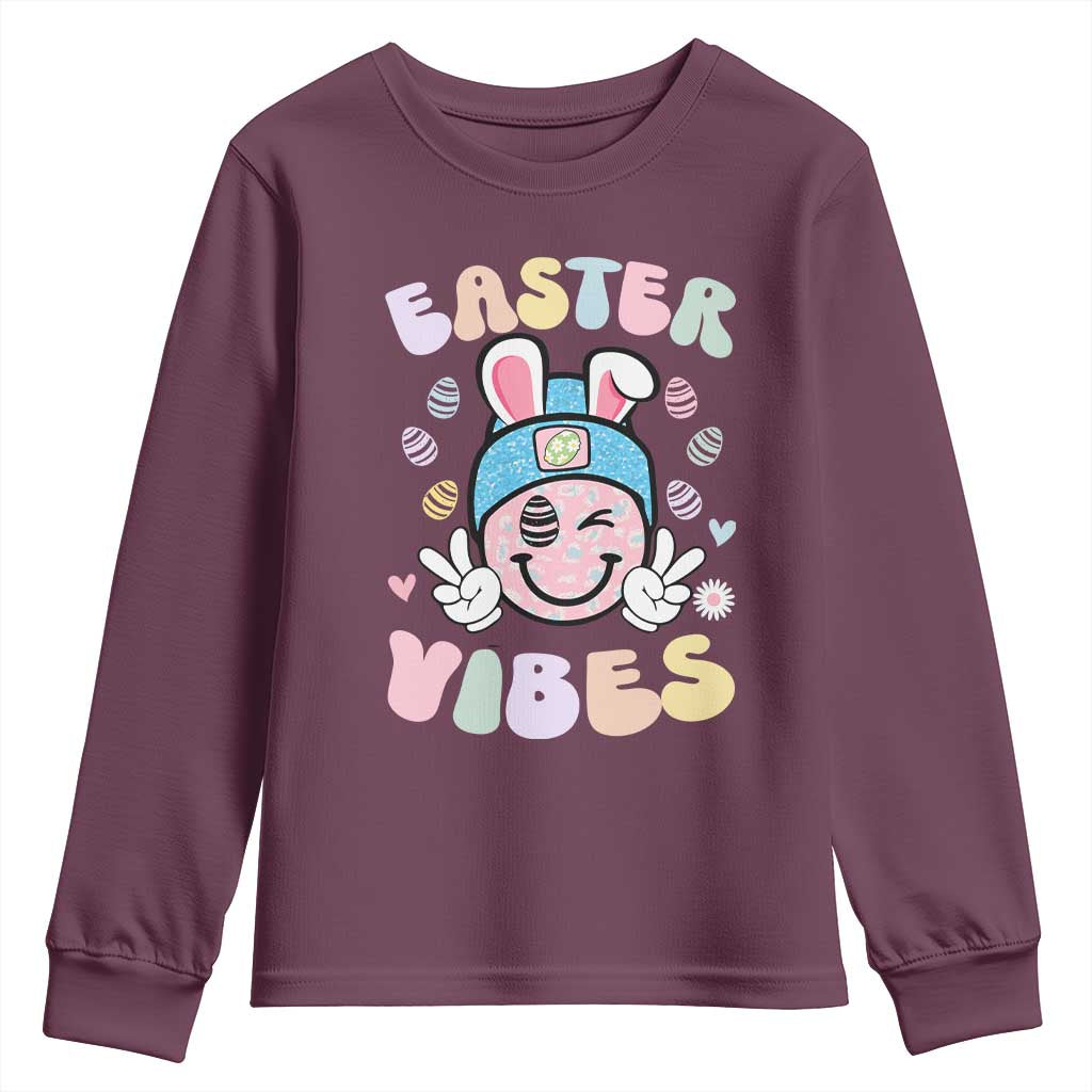 Groovy Easter Vibes Youth Sweatshirt Retro Bunny Smile Eggs TS10 Maroon Print Your Wear