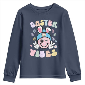 Groovy Easter Vibes Youth Sweatshirt Retro Bunny Smile Eggs TS10 Navy Print Your Wear
