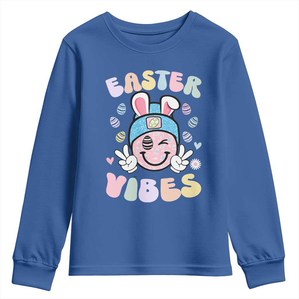 Groovy Easter Vibes Youth Sweatshirt Retro Bunny Smile Eggs TS10 Royal Blue Print Your Wear