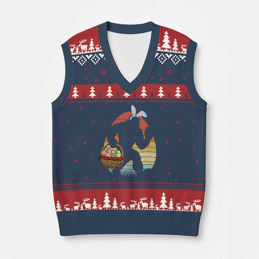 Bigfoot Easter V-Neck Knit Sweater Vest Bunny Sasquatch Eggs Retro TS10 Navy Red Print Your Wear