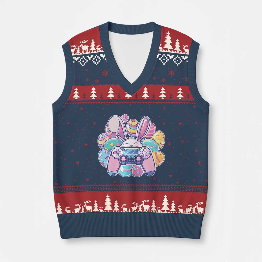 Easter Video Game V-Neck Knit Sweater Vest Cute Bunny Eggs Gaming Gamer TS10 Navy Red Print Your Wear