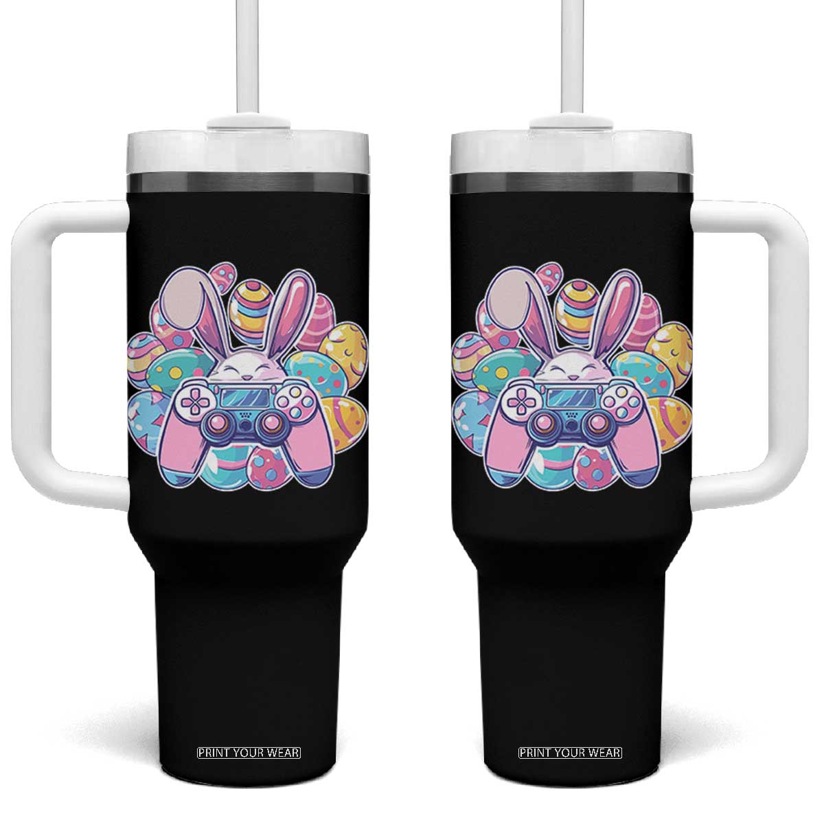 Easter Video Game Tumbler With Handle Cute Bunny Eggs Gaming Gamer TS10 One Size: 40 oz Black Print Your Wear
