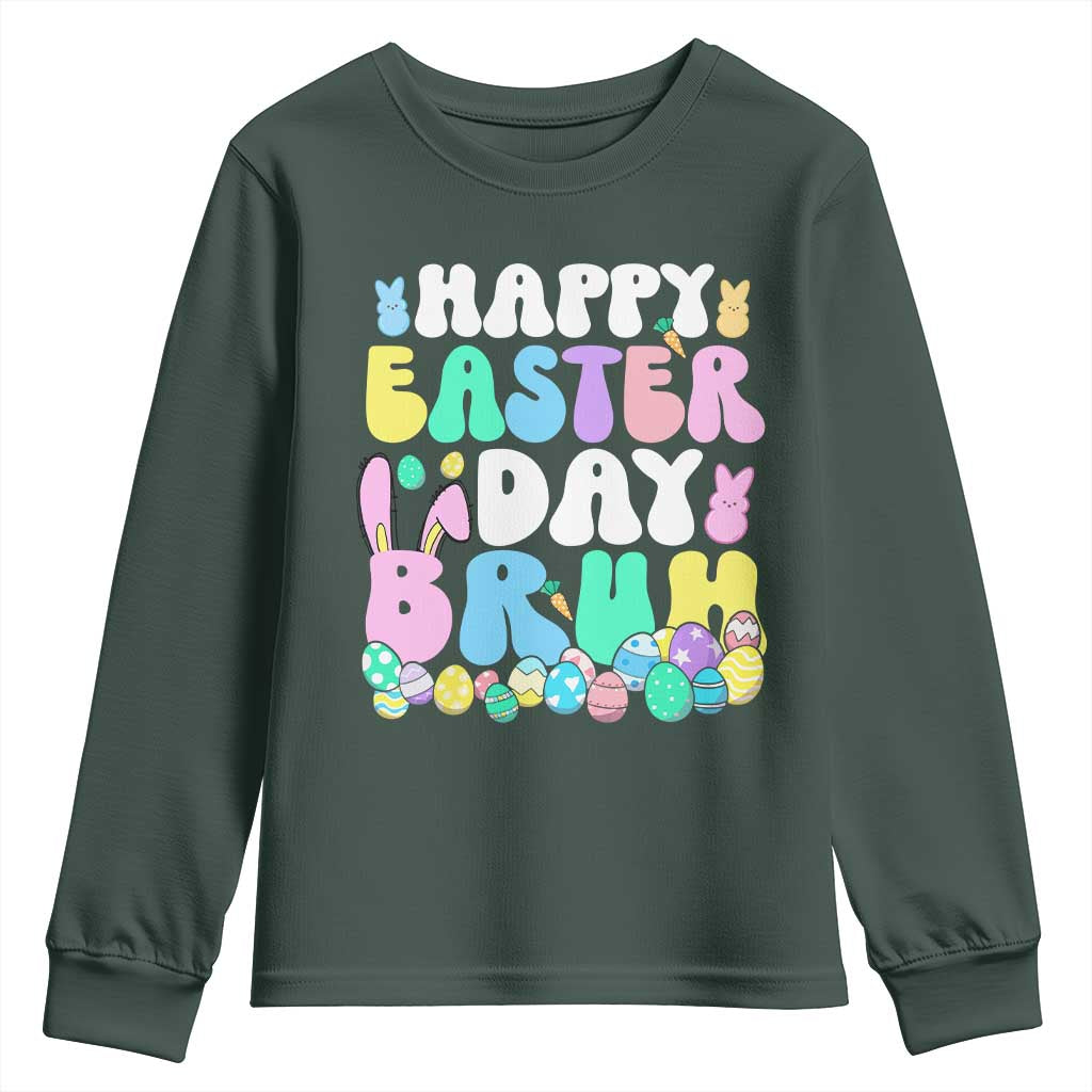 Bruh Easter Youth Sweatshirt Teens Boys Kids Cute Bunny Eggs TS10 Dark Forest Green Print Your Wear