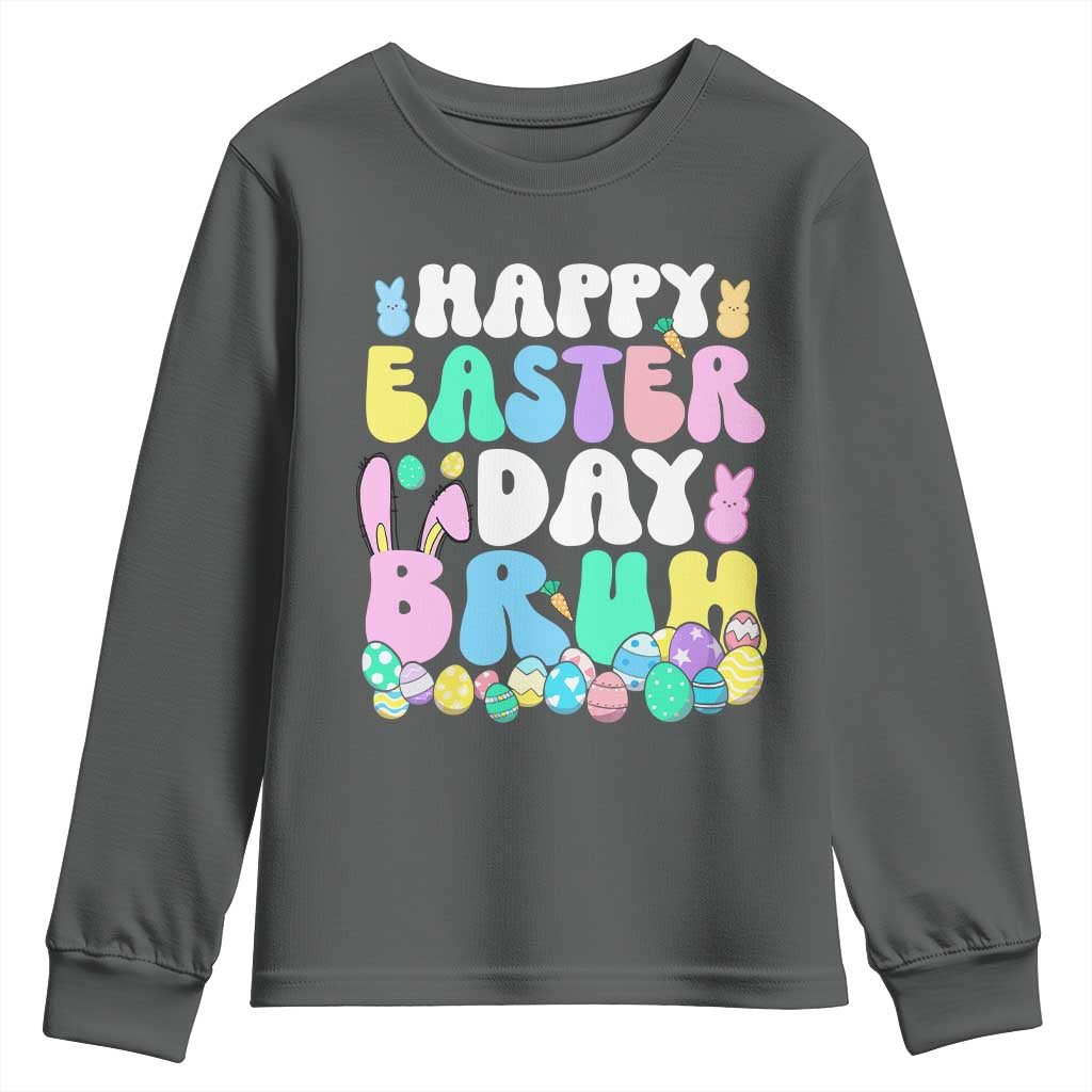 Bruh Easter Youth Sweatshirt Teens Boys Kids Cute Bunny Eggs TS10 Dark Heather Print Your Wear