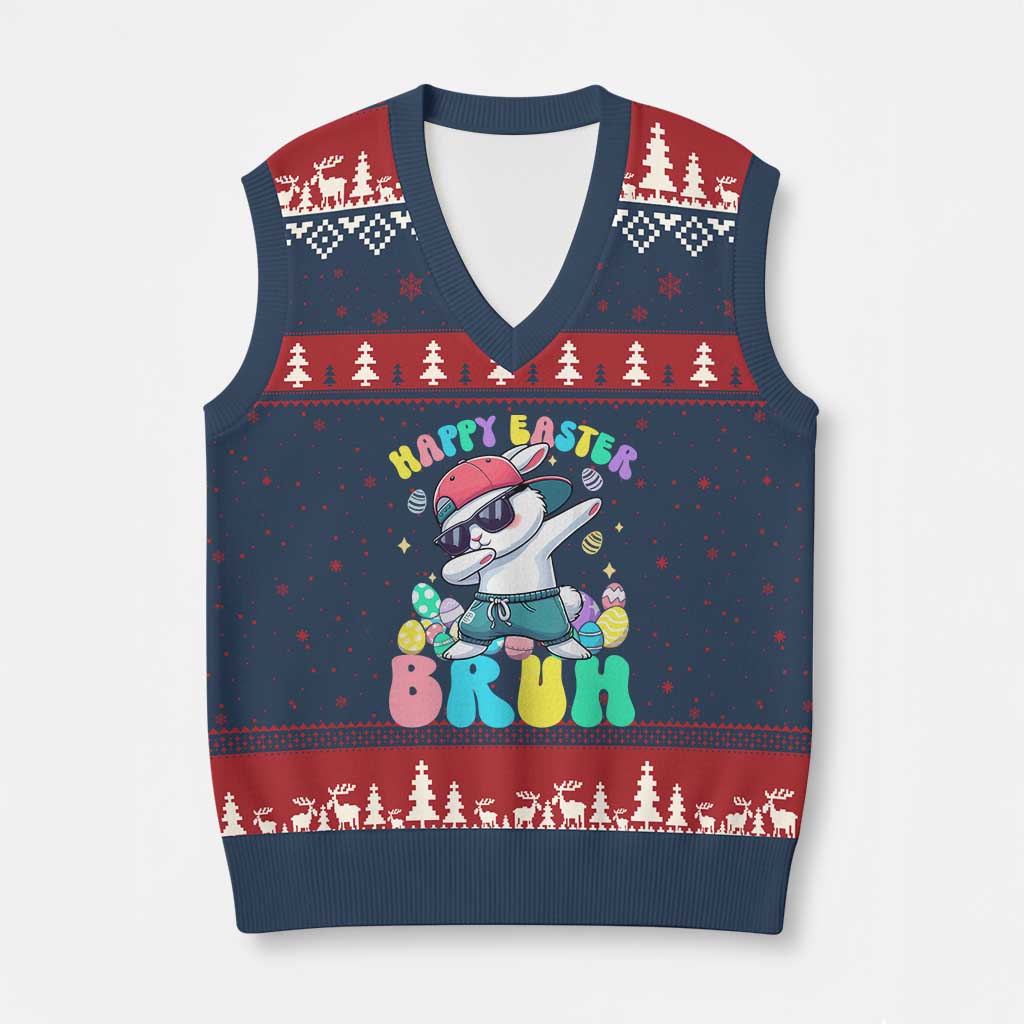Bruh Easter V-Neck Knit Sweater Vest Funny Bunny Dab Rabbit Dance TS10 Navy Red Print Your Wear