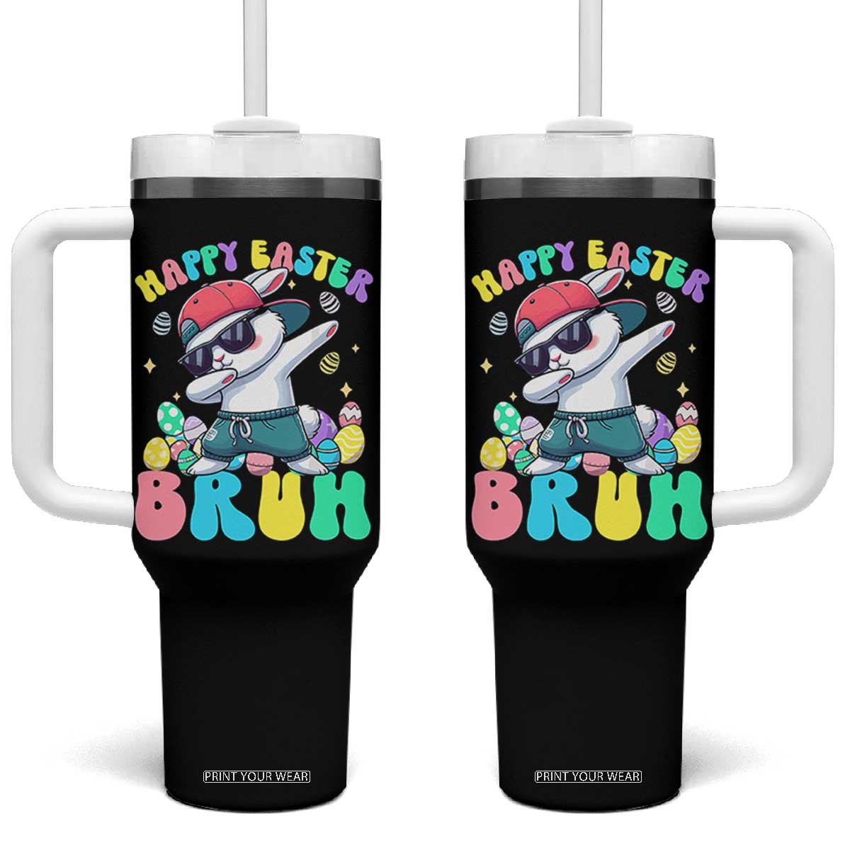 Bruh Easter Tumbler With Handle Funny Bunny Dab Rabbit Dance TS10 One Size: 40 oz Black Print Your Wear