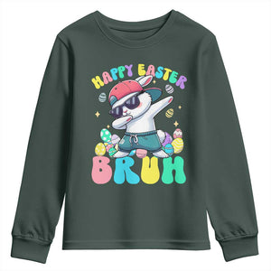 Bruh Easter Youth Sweatshirt Funny Bunny Dab Rabbit Dance TS10 Dark Forest Green Print Your Wear