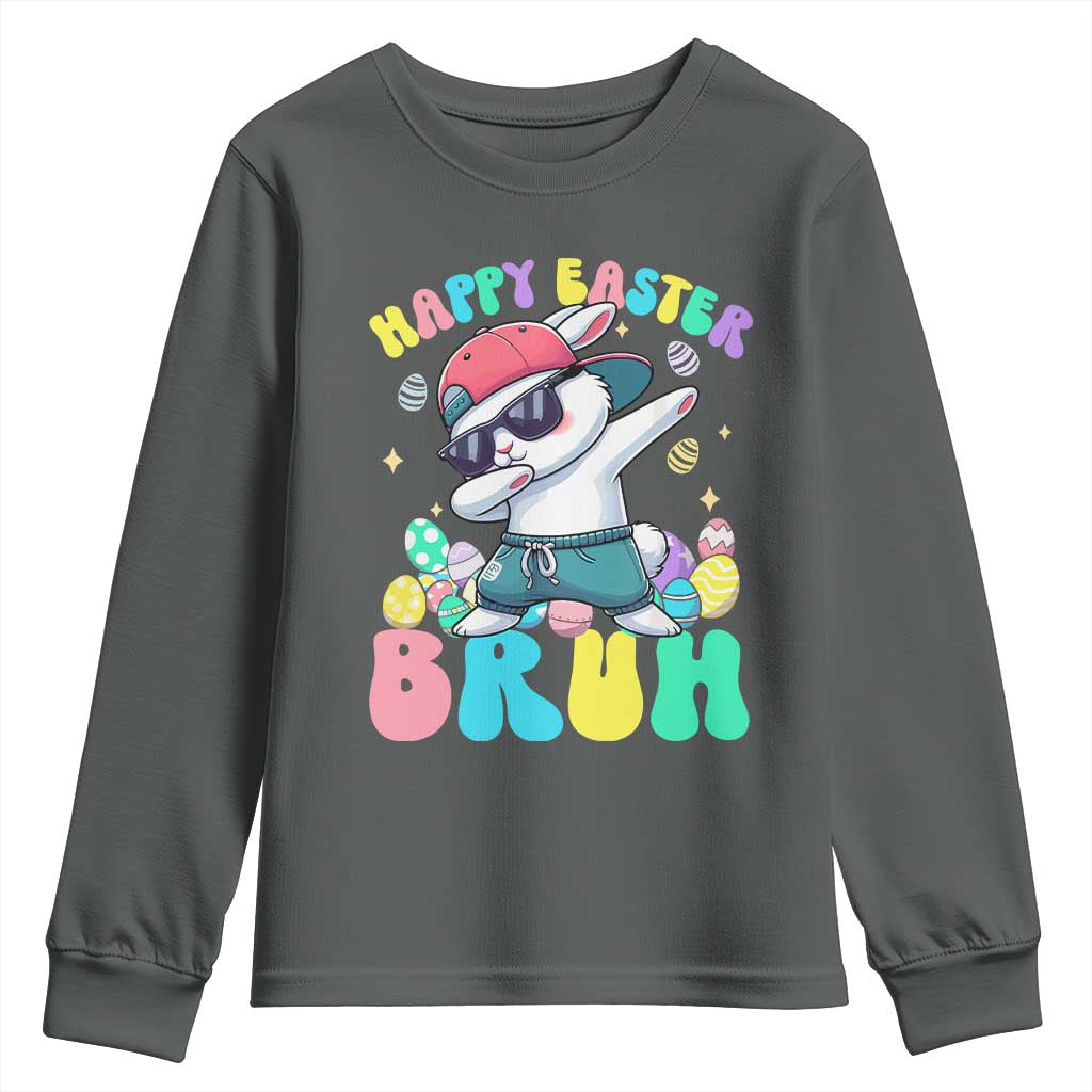 Bruh Easter Youth Sweatshirt Funny Bunny Dab Rabbit Dance TS10 Dark Heather Print Your Wear