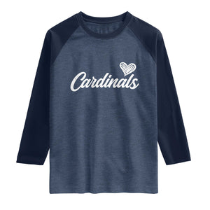 Cardinal Lovers Raglan Shirt Vintage Script Heart Graphic TS10 Heather Denim Navy Print Your Wear