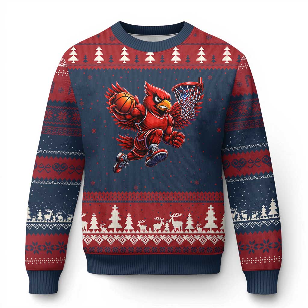 Cardinal Playing Basketball Graphic Ugly Christmas Sweater Dunk Mascot Sports Fan Gift TS10 Navy Red Print Your Wear