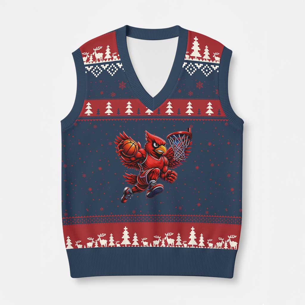 Cardinal Playing Basketball Graphic V-Neck Knit Sweater Vest Dunk Mascot Sports Fan Gift TS10 Navy Red Print Your Wear