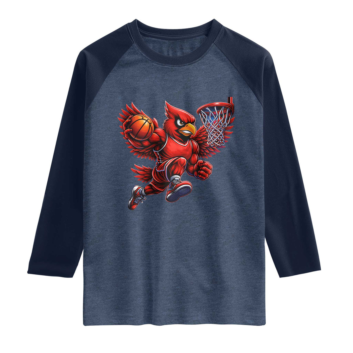 Cardinal Playing Basketball Graphic Raglan Shirt Dunk Mascot Sports Fan Gift TS10 Heather Denim Navy Print Your Wear