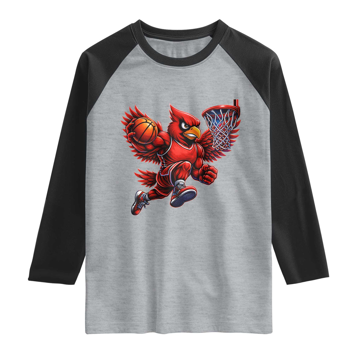 Cardinal Playing Basketball Graphic Raglan Shirt Dunk Mascot Sports Fan Gift TS10 Heather Gray Black Print Your Wear