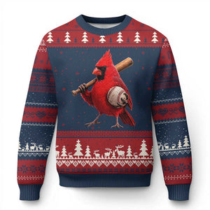 Cardinals Baseball Player Ugly Christmas Sweater Retro STL Redbird Fan Bird Mascot Baseball TS10 Navy Red Print Your Wear
